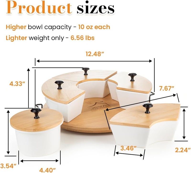 DEVA Home Design Chip and Dip Serving Set | Rotating Bamboo Lazy Susan Appetizer Tray with Black Handles | White Ceramic Bowls with Bamboo Lids | Divided Round Party Platter | Giftable - Image 4